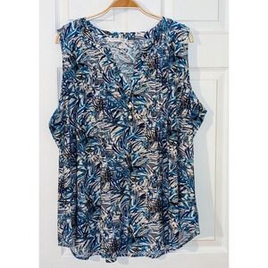 Notations Woman Sleeveless Blouse Button Detail Casual Blue Print 3X NWT‎